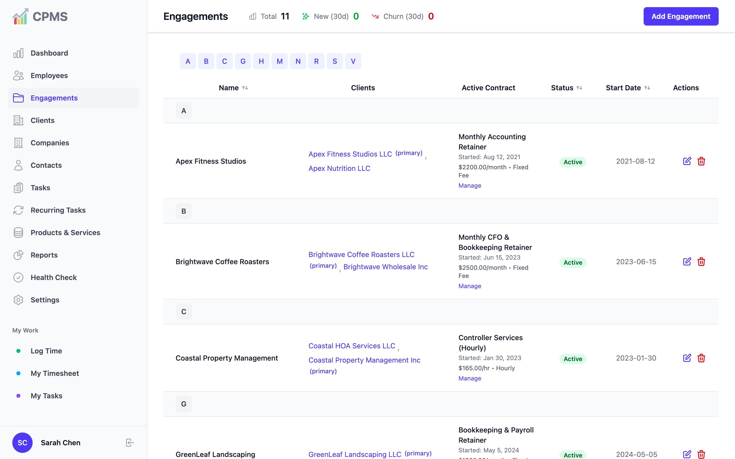 CPMS engagements list with clients, active contracts and status